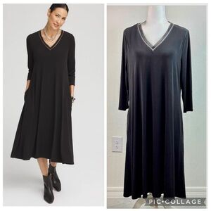 NWT Chico's Black Long Sleeve V-Neck with detail, A-Line midi Dress size 2/Large
